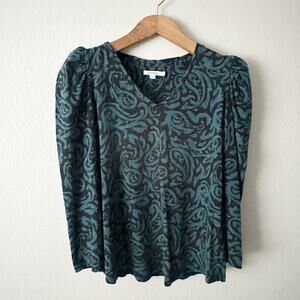 Chico's Size 2 Black Green Puff Shoulder 3/4 Sleeve Top women’s size large